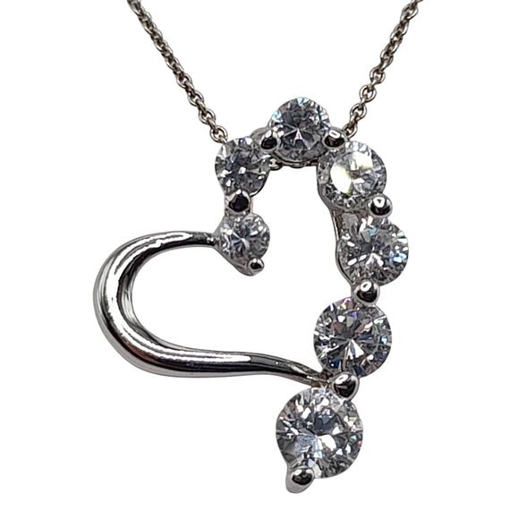 Vintage Italian Sterling Silver Heart Necklace, CZ Rhinestones, 17" - Picture 4 of 12